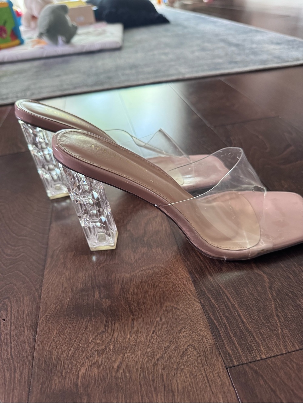 Clear Strappy Mule Heels in Nude